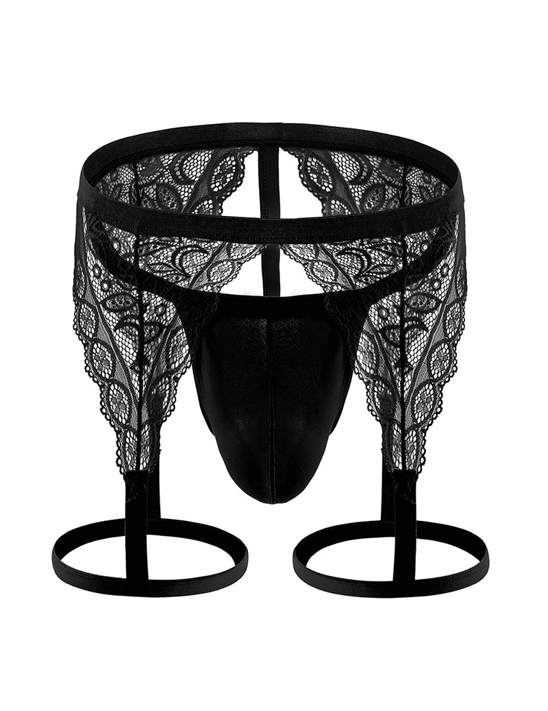 Black lace thong with leg harness loops and molded front pouch
