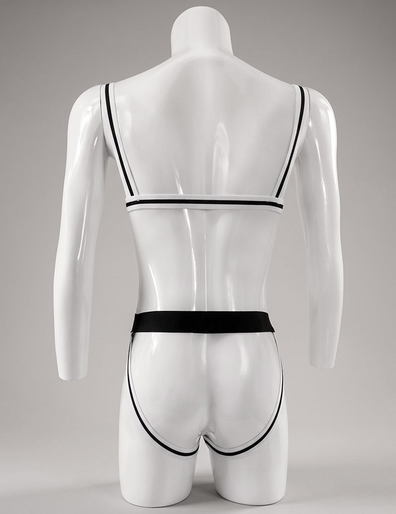 White men’s wide band jockstrap bodysuit with black trim, bow, and suspender straps