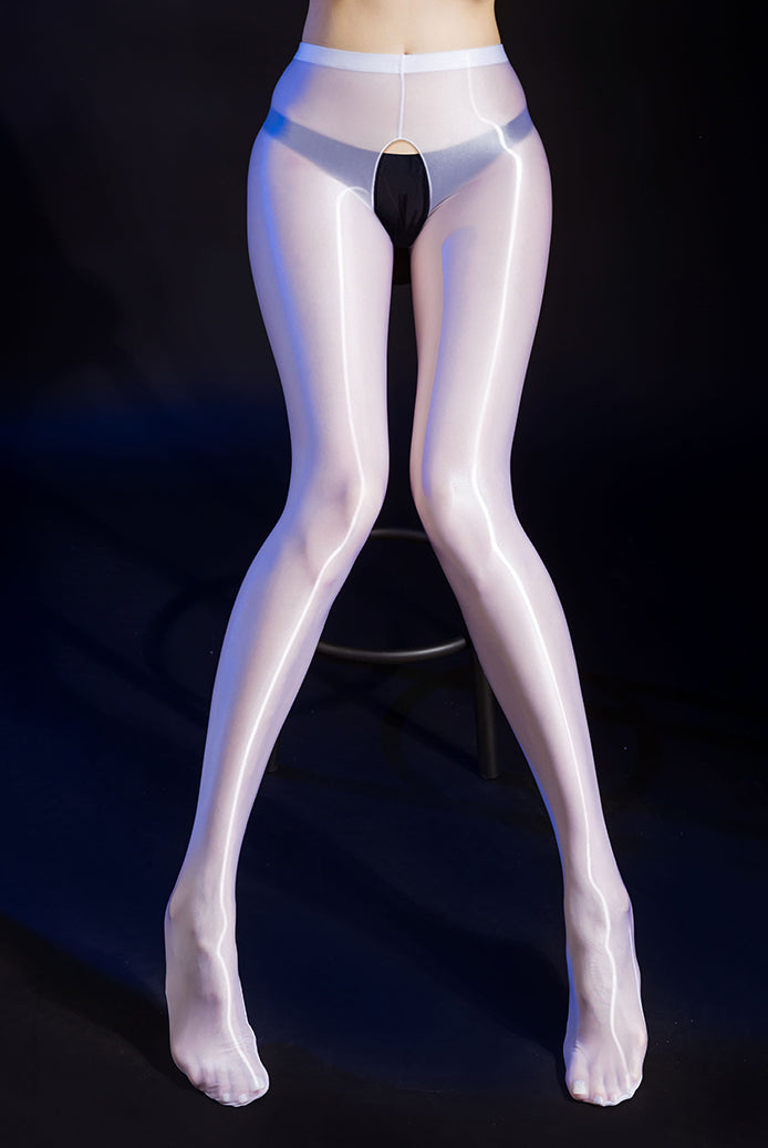 White glossy crotchless tights with open crotch panel and sheer legs