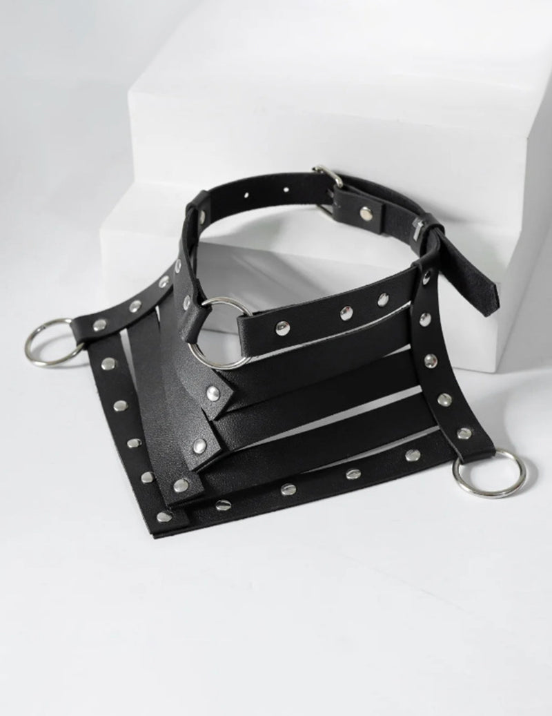 Black studded choker collar with D-ring and cross chest harness straps with rings