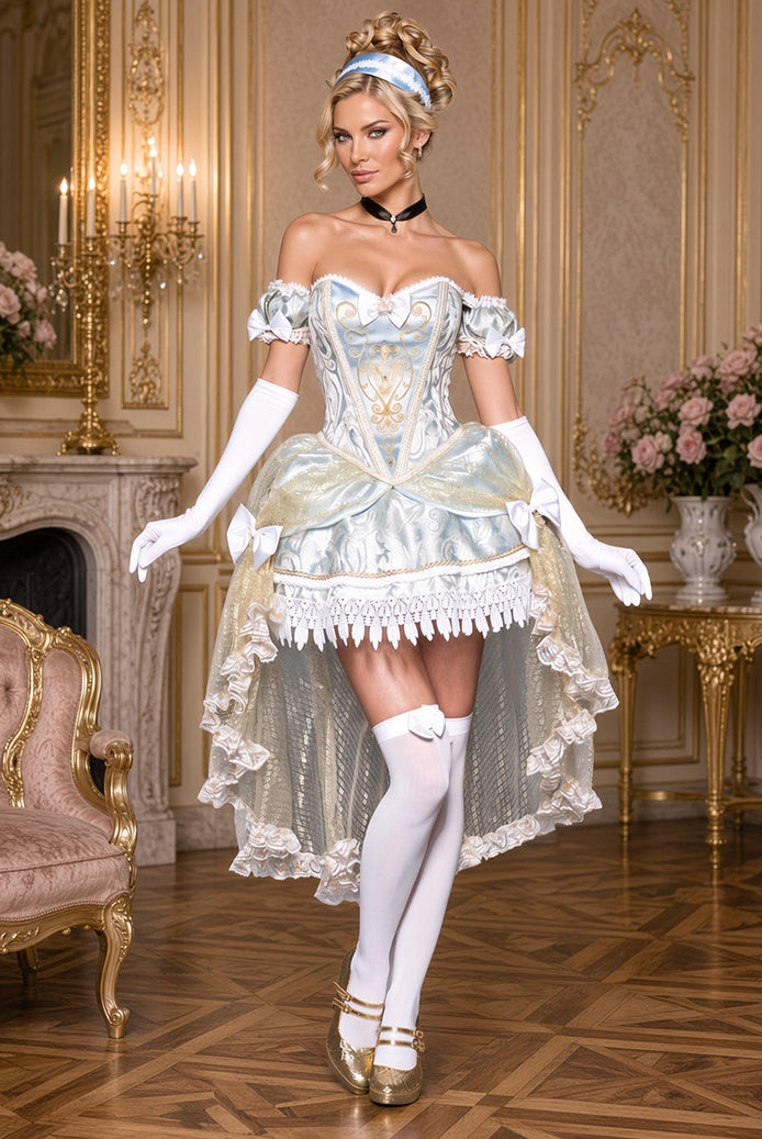 Victorian style costume dress set in silver blue with gloves, thigh-high stockings, headband