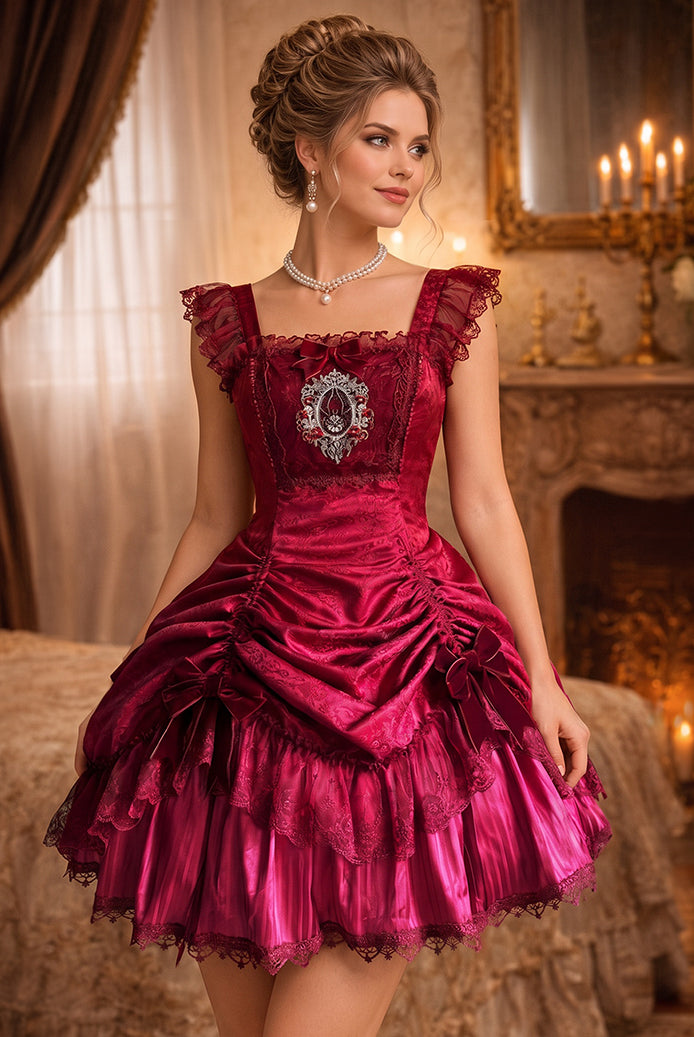 Wine red square-neck mini dress with ruffled lace neckline and layered lace skirt