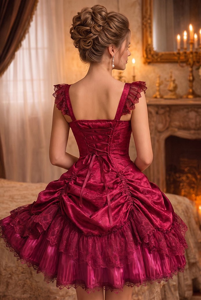 Wine red mini dress with lace-up back, square back yoke, and tiered ruffle skirt