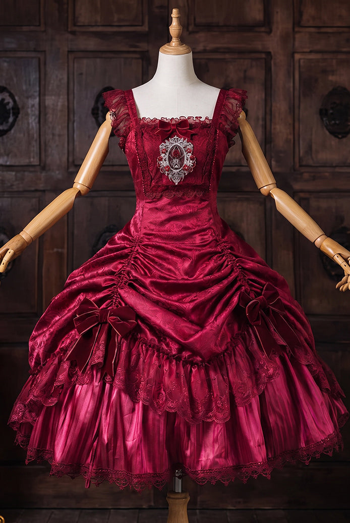Wine red satin mini dress with square neck, ruffled lace sleeves, and layered skirt