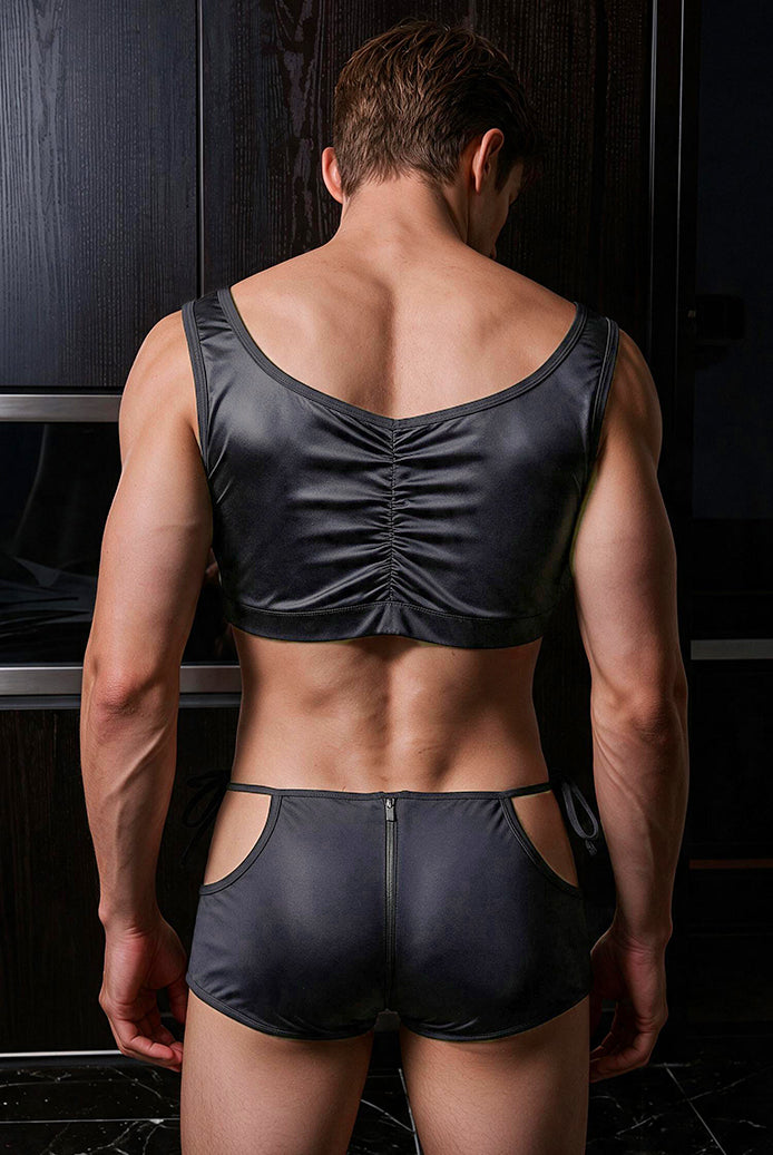 Men's charcoal grey backless crop top and shorts set with waistband zipper