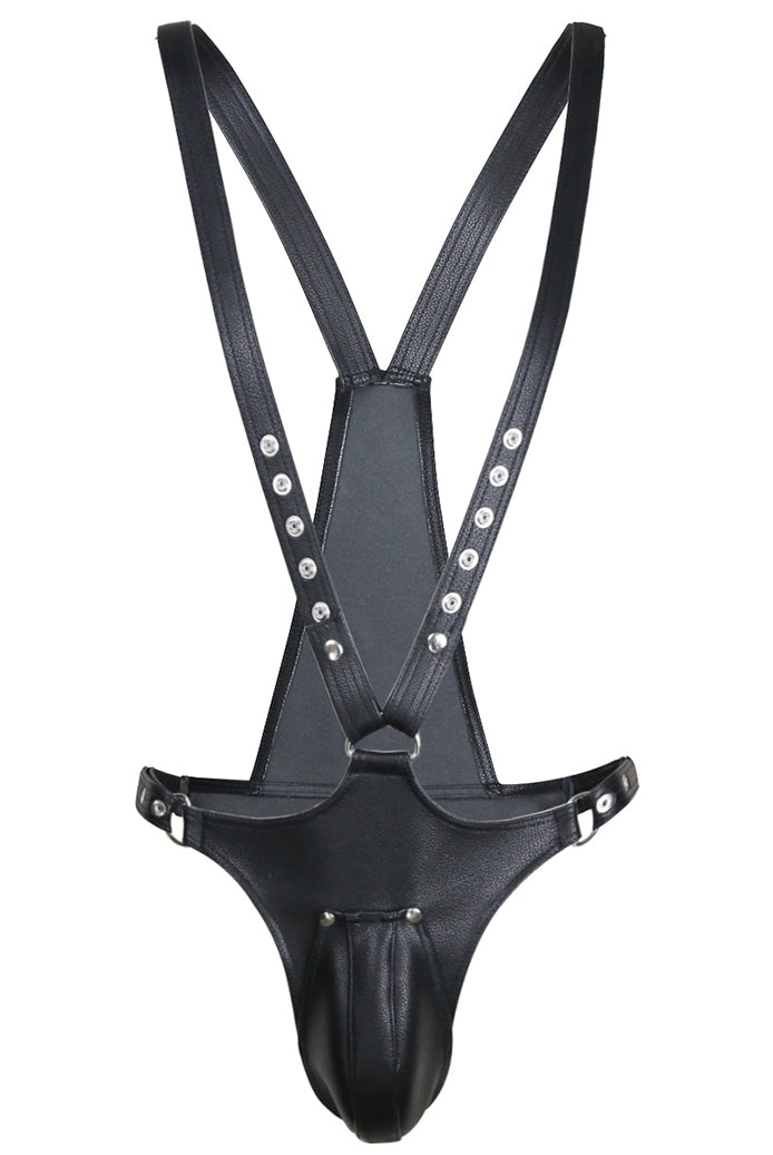 Black PU leather body harness with studded straps, D-ring details, and front pouch