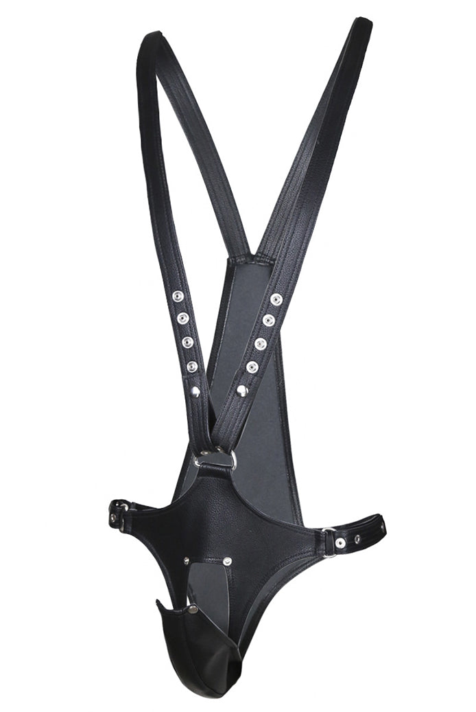 Black PU leather body harness with studded straps and front pouch, adjustable waistband