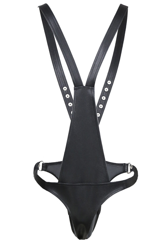 Black PU leather body harness with high-cut straps, studded sides, and front pouch