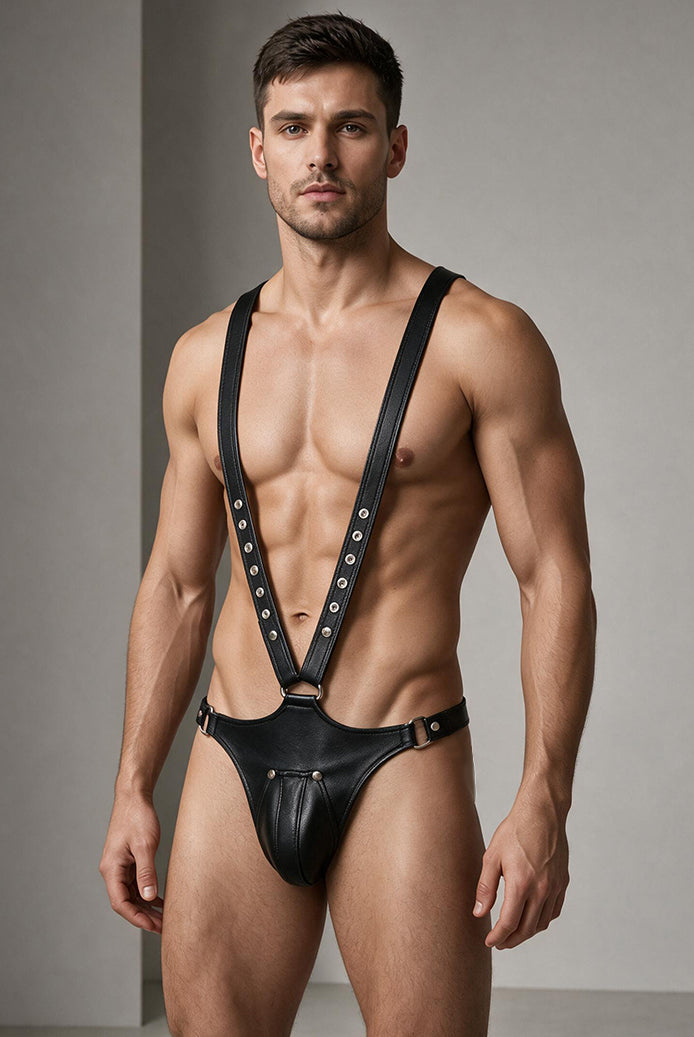 Black PU leather body harness worn by model, studded straps and front pouch