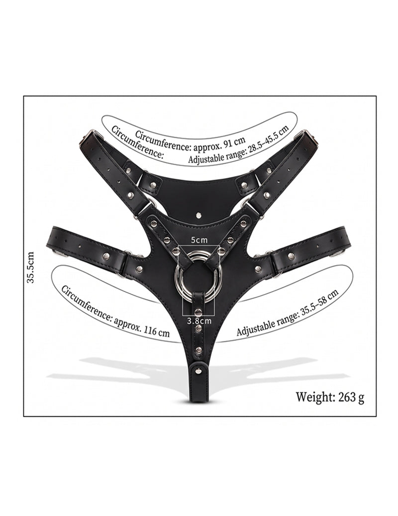 Black PU harness diagram showing adjustable fit and O-ring center hardware