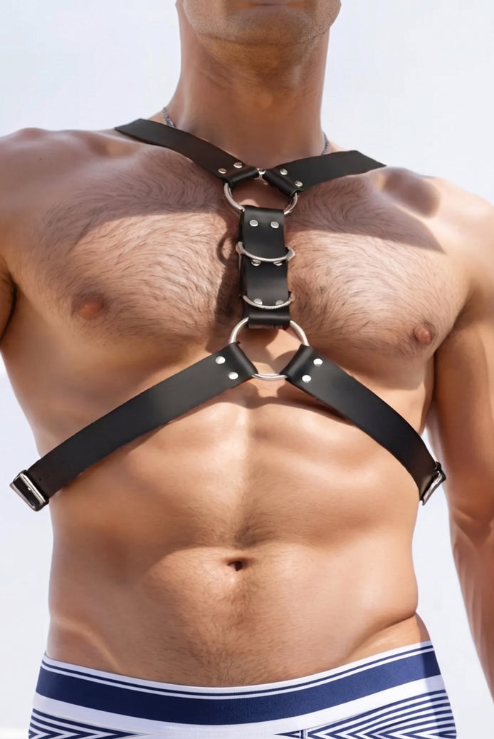 Men's faux leather body harness in black with O-ring chest and shoulder straps