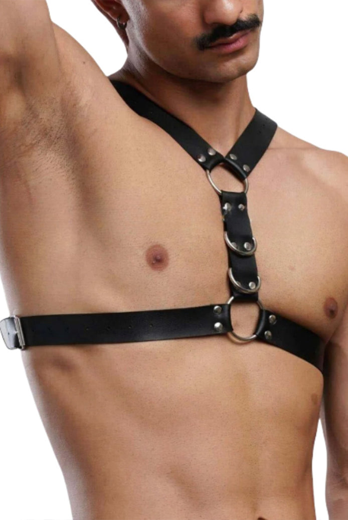 Men's faux leather body harness, black cross-strap design with O-ring hardware