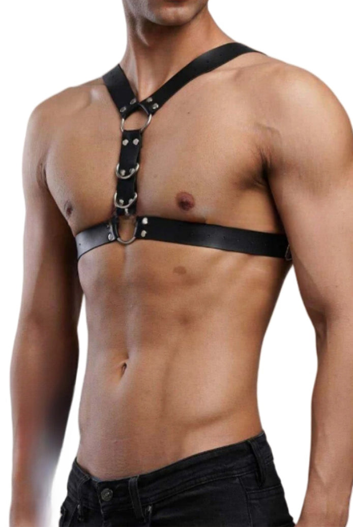 Men's faux leather body harness in black with O-ring chest strap and shoulder loops