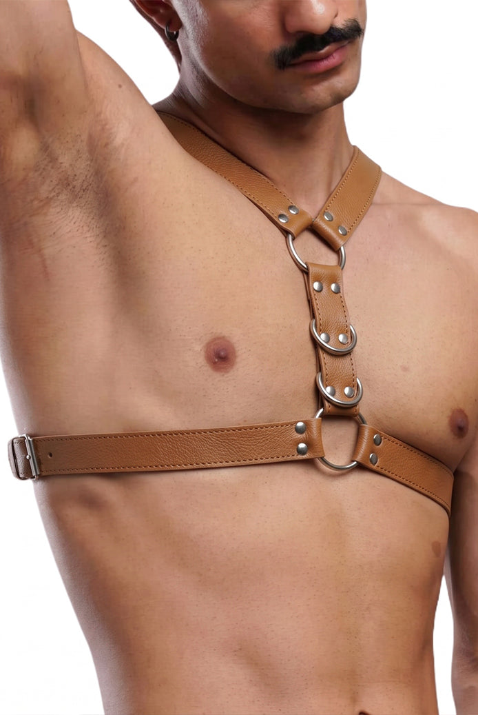 Men's faux leather body harness in brown with O-ring chest and side straps