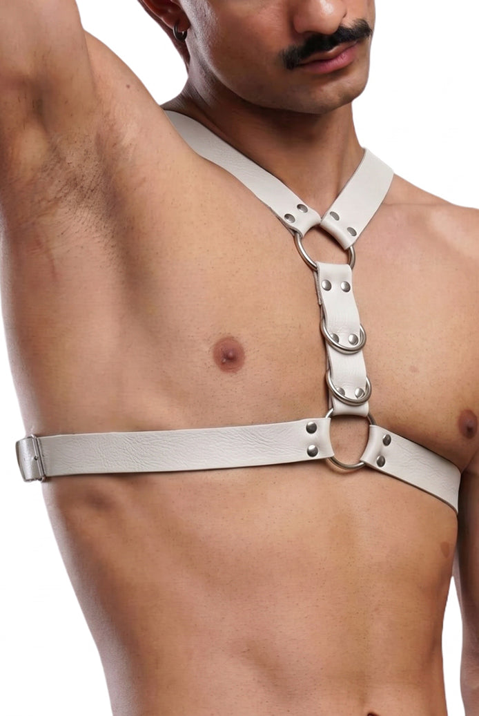 Men's faux leather body harness in white with O-ring chest strap and shoulder connectors