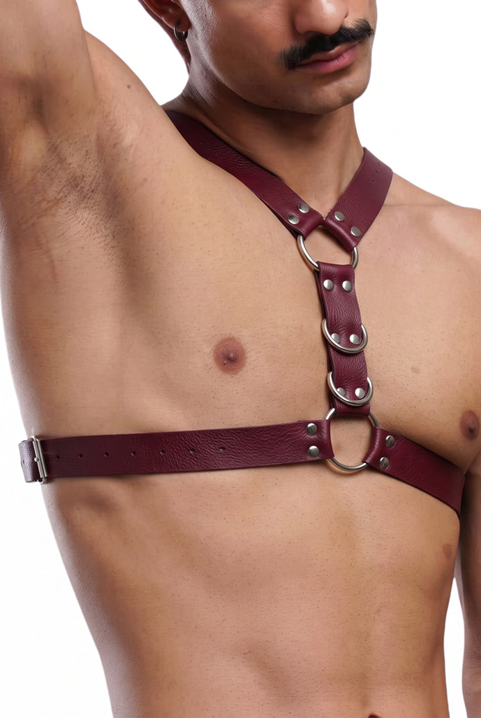 Men's faux leather body harness in burgundy with O-ring chest strap and side bands