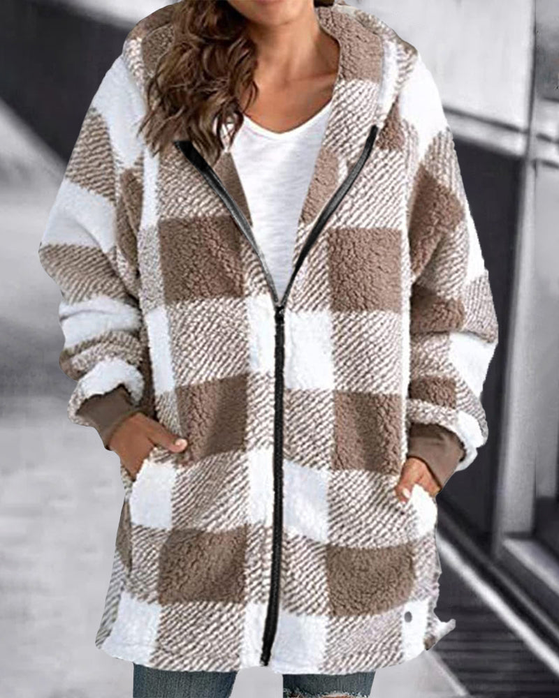Plaid hooded zip-front loose overcoat, beige and white check fleece.