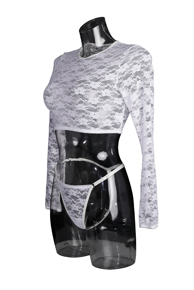 Sheer lace long-sleeve blouse with floral pattern, paired with matching lingerie bottoms