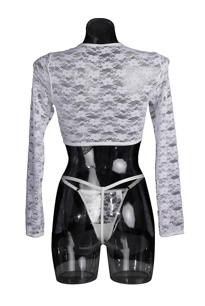 Sheer lace long-sleeve blouse back view with floral texture, matching lingerie set