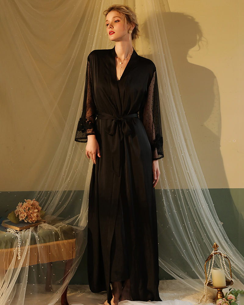 Black satin night robe with tie waist and long sheer lace sleeves