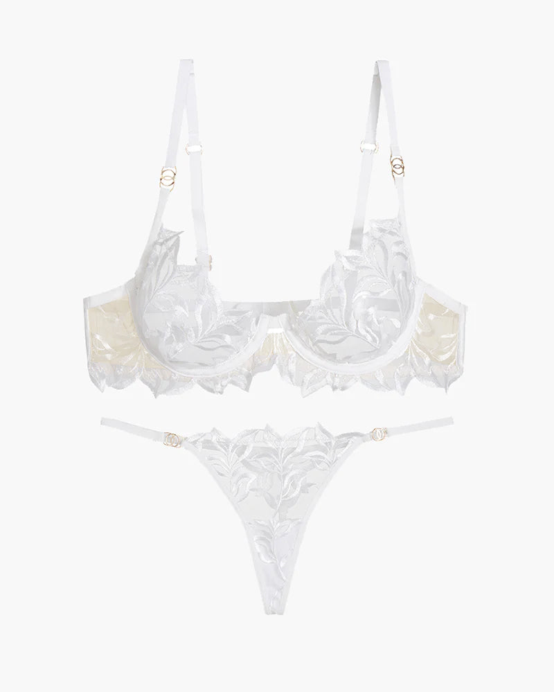 White lace bra and thong set, front view with floral embroidery