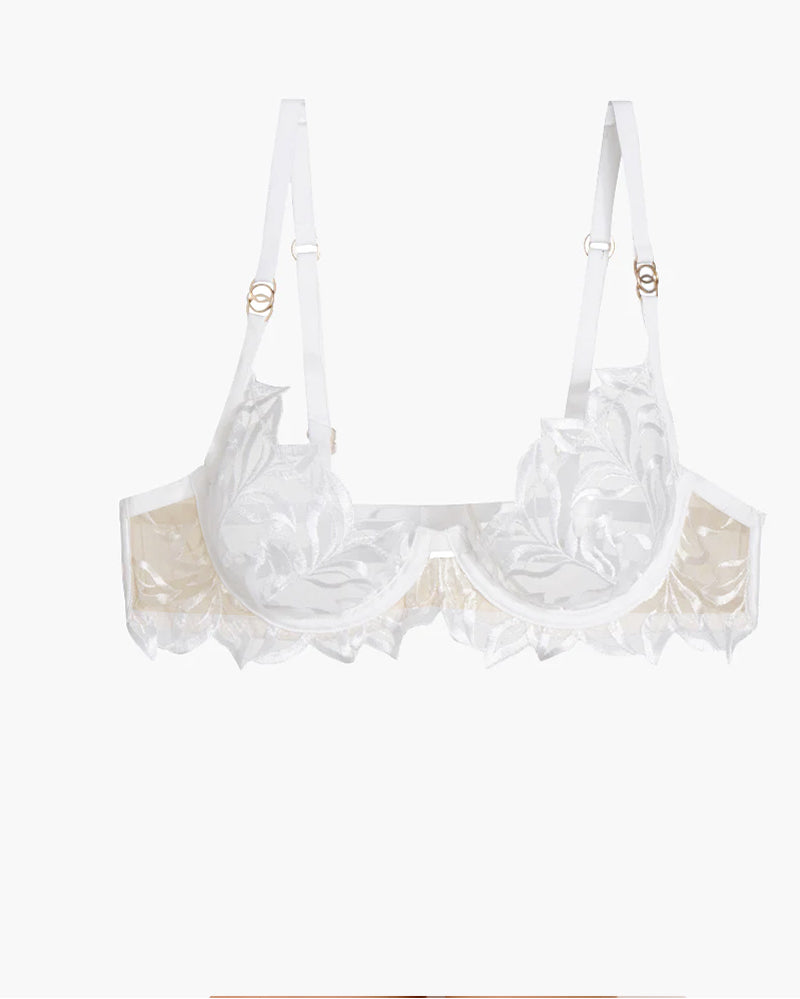 White lace bra with embroidered cups and adjustable straps