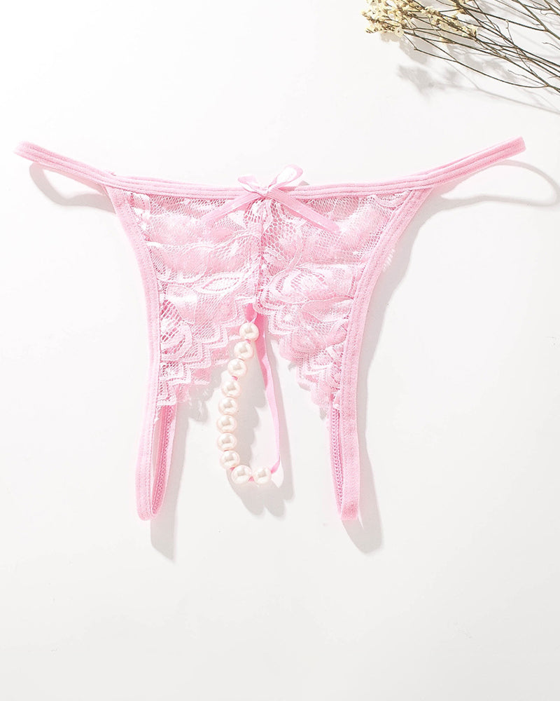 Light pink lace low-rise t-back thong with bow and dangling pearl beads