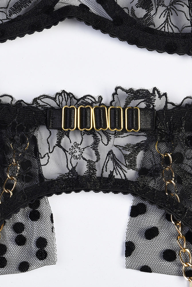Black embroidered lace lingerie set with chain bra front and polka-dot mesh