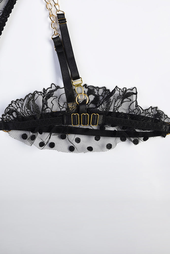 Black embroidered lace lingerie set center strap with gold-tone chain and hooks