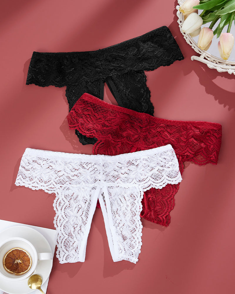 Plus size open-crotch lace panties set: black, wine red, and white lace briefs