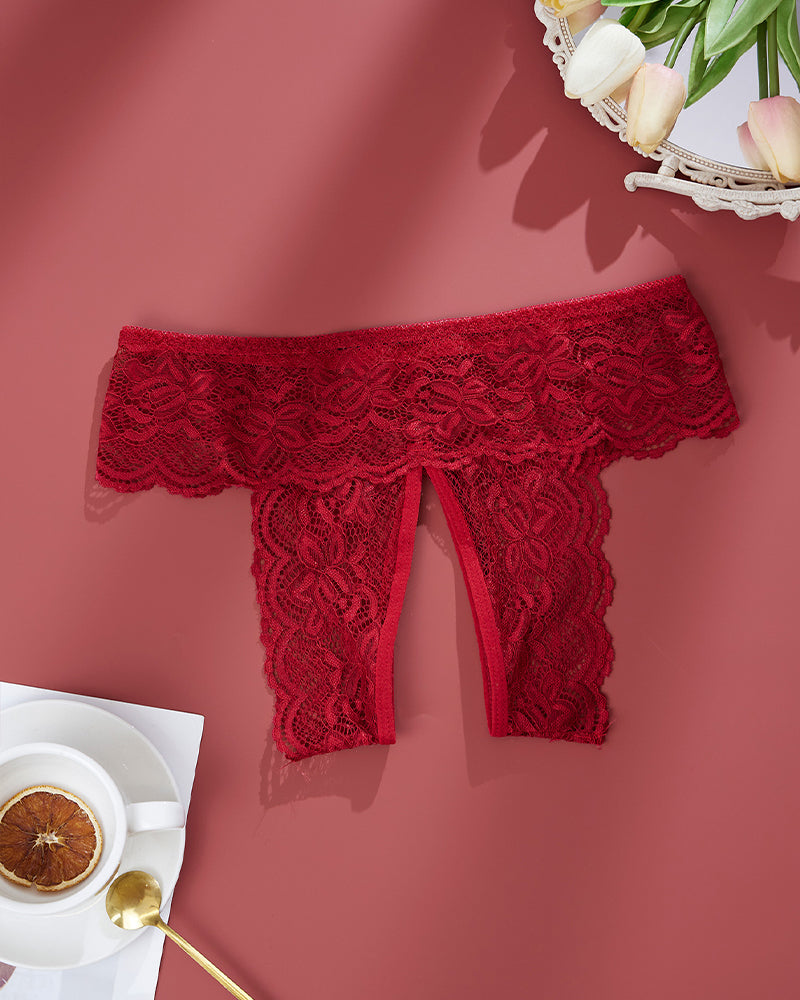 Plus size open-crotch lace panties in wine red, lace front with scalloped edges