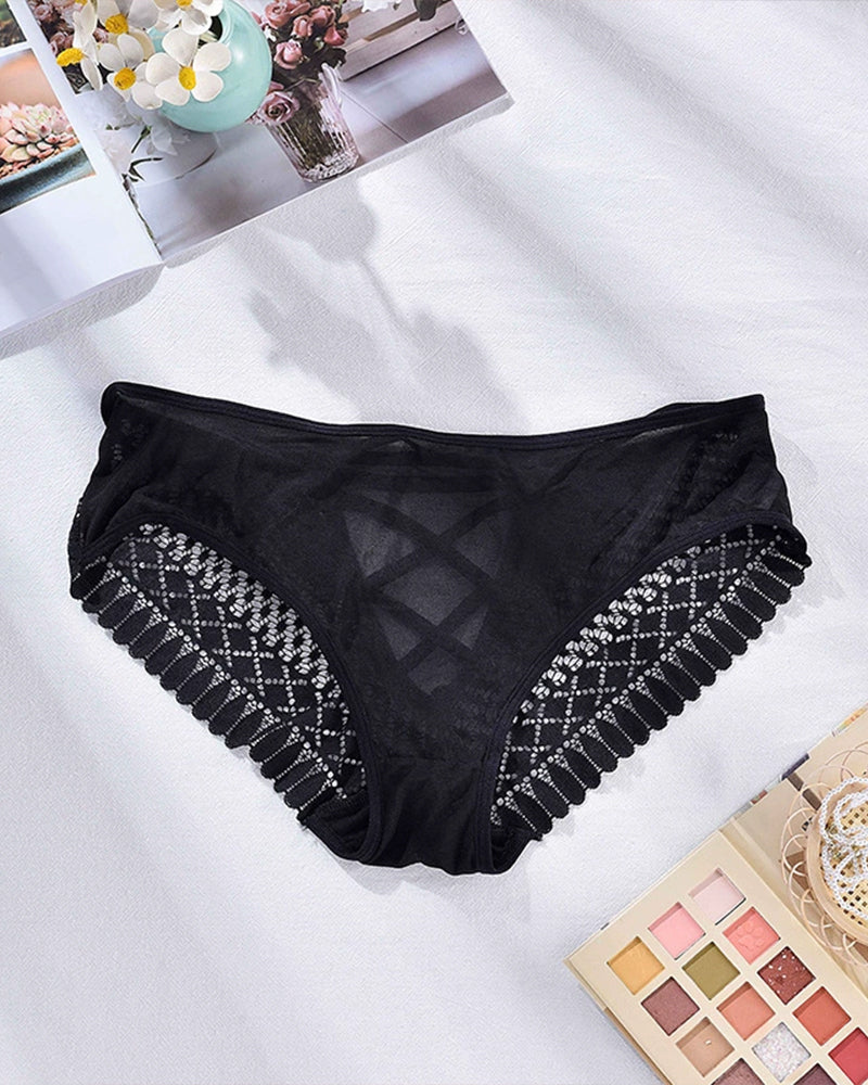 Black lace triangle panties with scalloped edges and lace panels