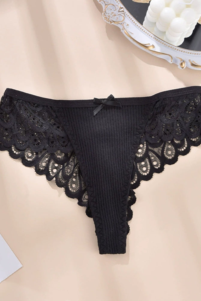 Black ribbed lace hipster brief panty with scalloped lace hem and bow