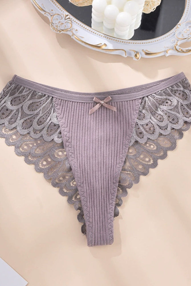 Lavender-grey ribbed lace hipster brief panty with scalloped lace sides and bow