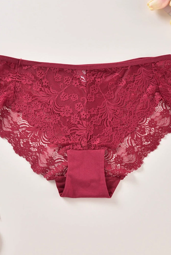 Plus size lace panties, deep red floral lace with scalloped hem and cotton gusset