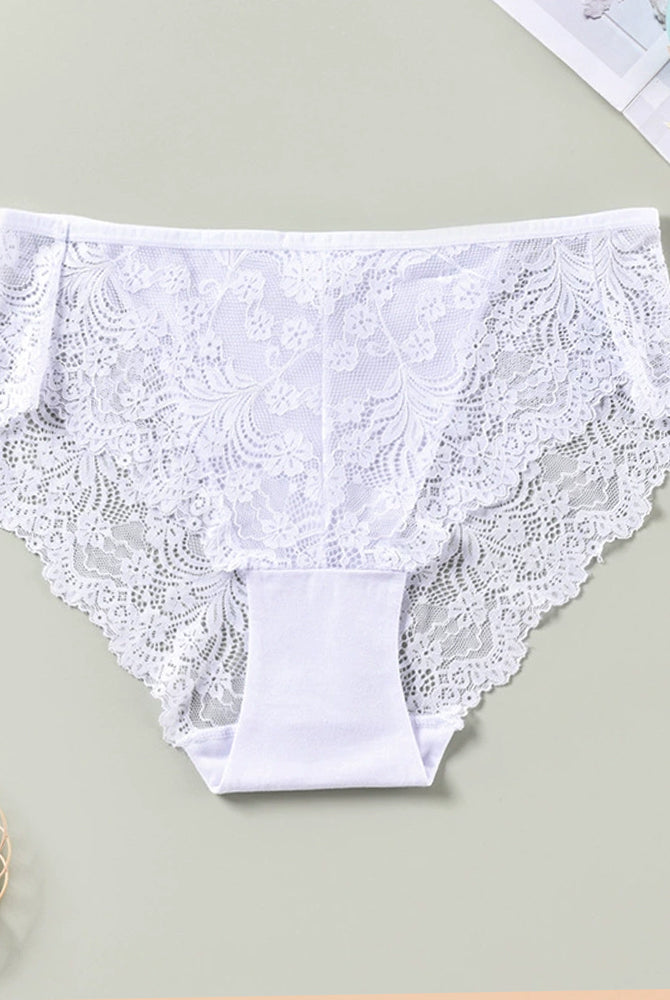 Plus size lace panties, white floral lace with scalloped leg openings and cotton gusset