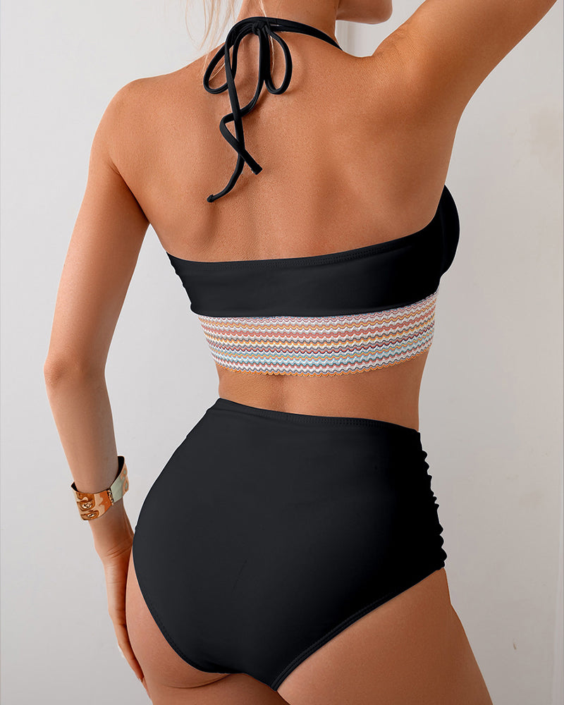 Black color-block bikini set, halter tie top with striped band and high-waist ruched briefs