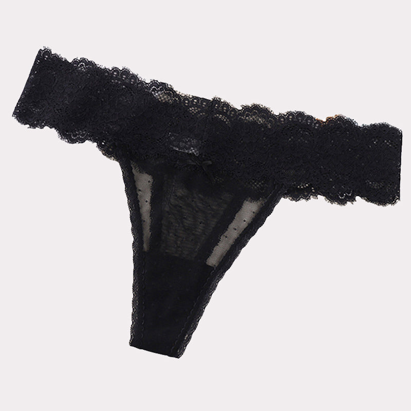 Low-rise lace backless briefs, black lace thong-style with scalloped trim
