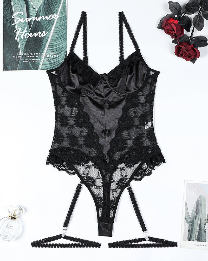 Black lace bow mesh bodysuit flat lay with front button details and garters