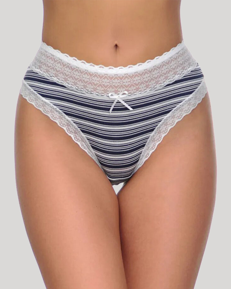Lace-print striped panties with white lace waistband and navy stripes, front view