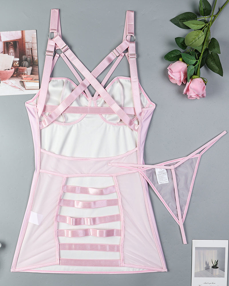 Pink sheer lingerie mini dress with crisscross back straps and cutout panels