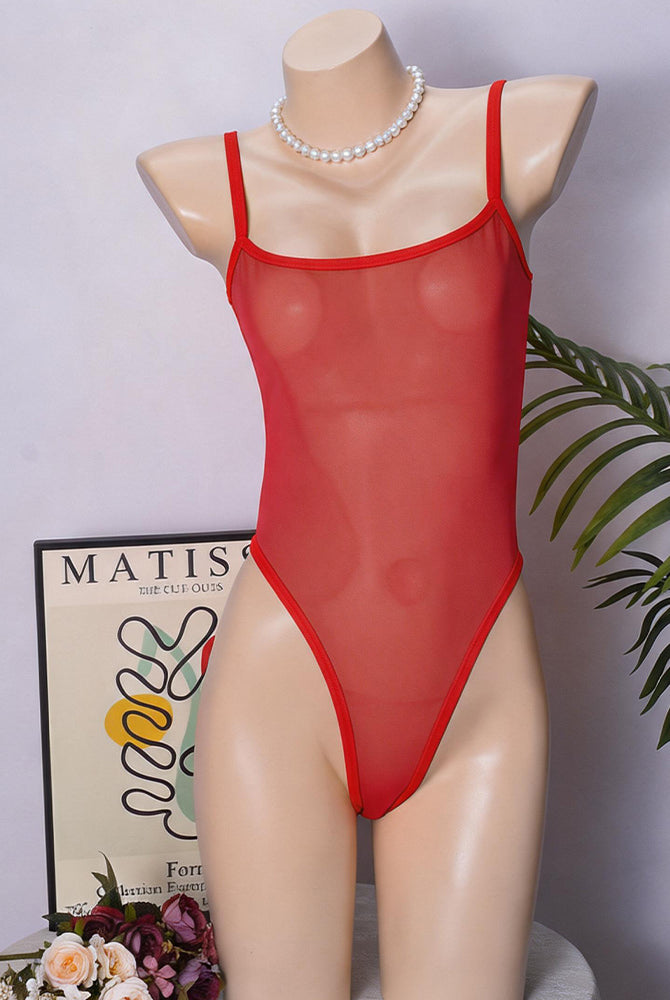 Red sheer mesh bodysuit with thin straps and high-cut leg, smooth neckline.