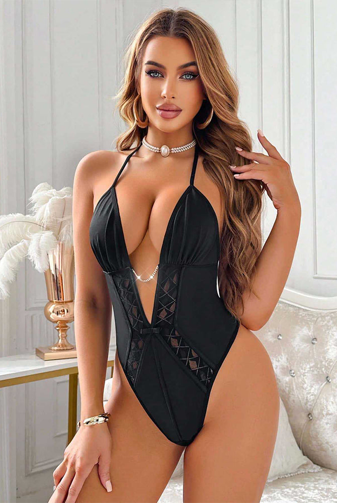 Black halter-neck bodysuit with deep V front and crisscross cutout panel