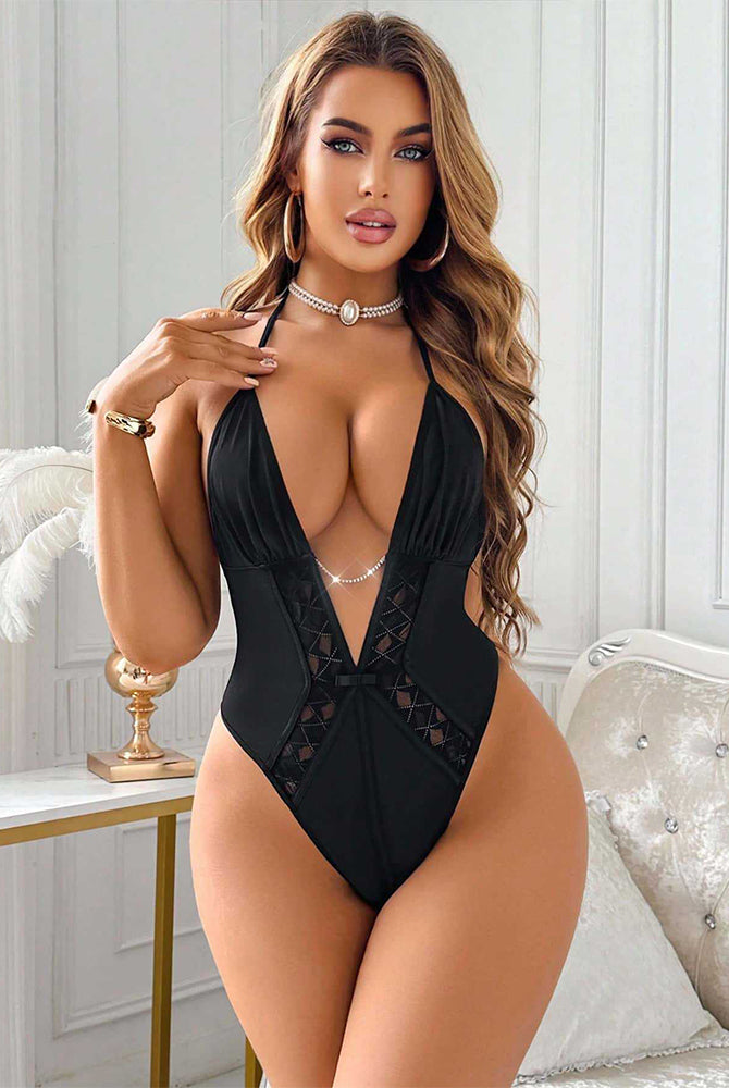 Black halter-neck bodysuit with deep V neckline and lace-up front detail