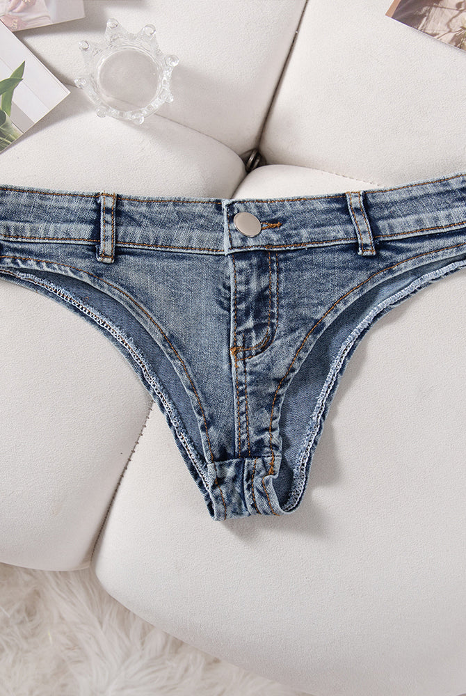 Light blue denim thong low-rise panties with button front and stitched waistband.