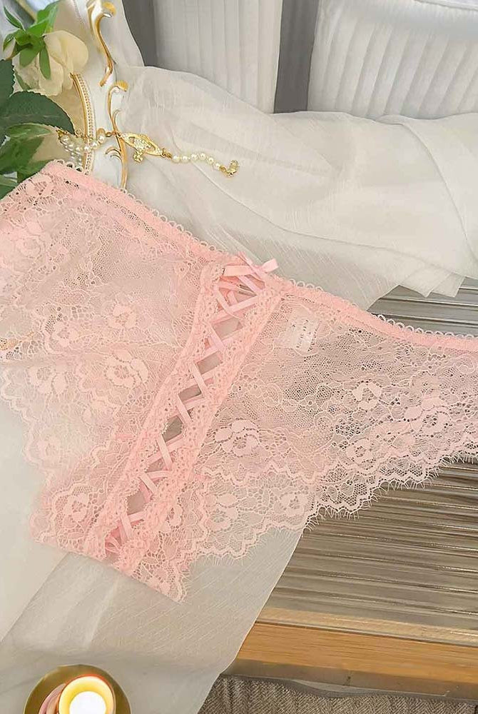Pink lace crisscross brief panties with lace-up front and scalloped trim