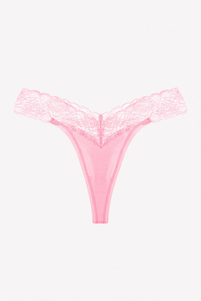 Floral lace low-rise V-thong panties in pink with scalloped lace trim