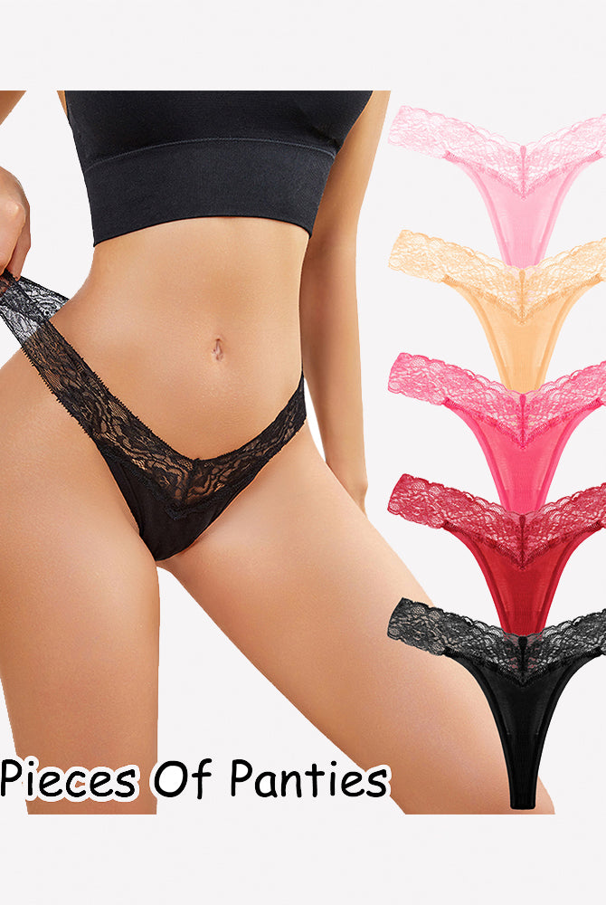 Black floral lace low-rise thong panties with multicolor 5-pack