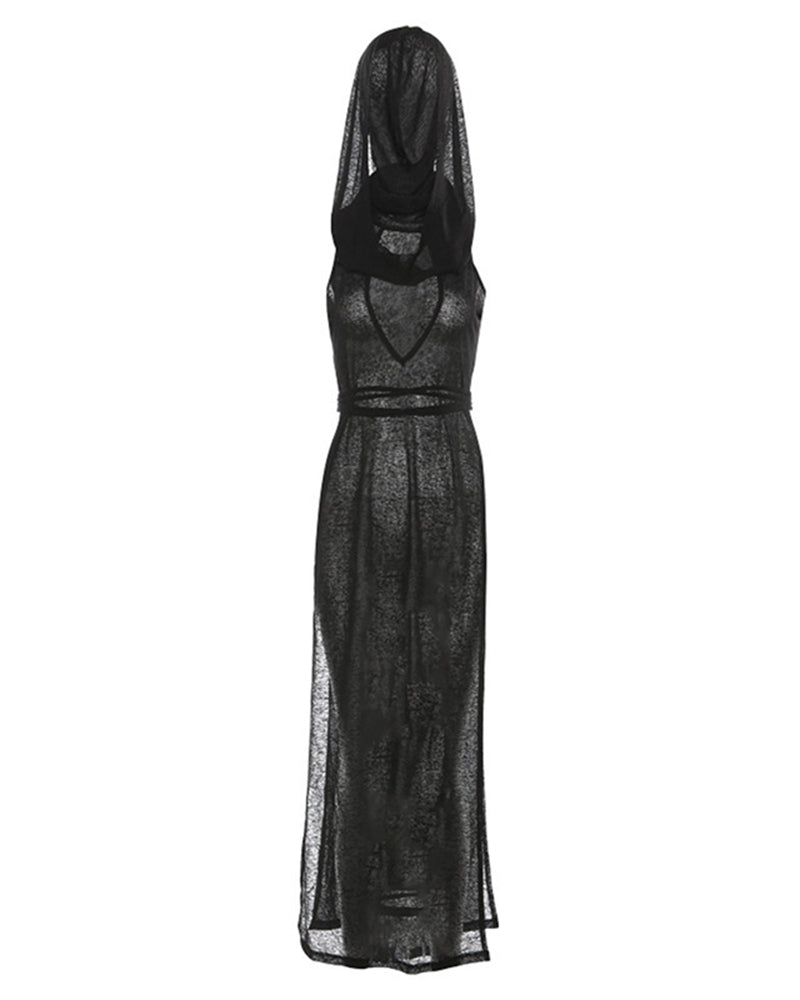 Black sheer hooded maxi dress with cutout neckline and long slit skirt