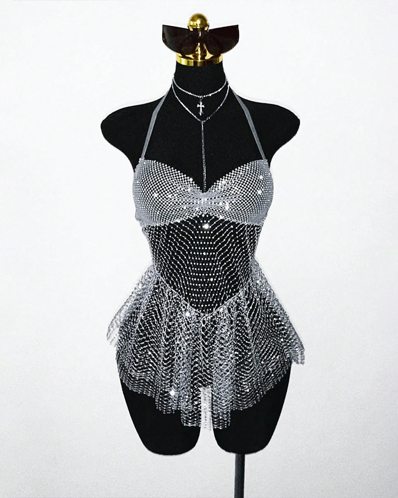Silver rhinestone halter mini dress with mesh fringe hem, front view on mannequin